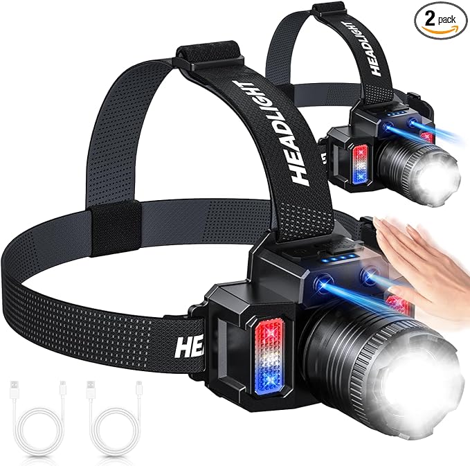 Headlamp Rechargeable 2 Pack, Motion Sensor Headlamp Super Bright LED Flashlight with 5 Lighting Modes, Zoomable Spotlight & Floodlight, Waterproof 360° Adjustable Head Lamp for Camping Hiking Running