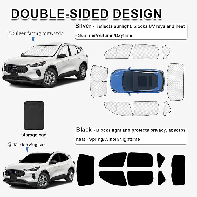 KMF Thicken Windshield Sun Shade for Ford Escape 2020-2026 Accessories, Foldable Full Car Window Shades with Side Rear for Protector Block UV Rays and Light Blocking Camping