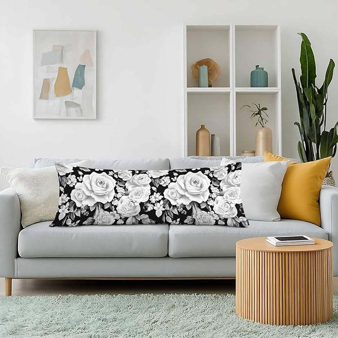 Rose Body Pillow Pillowcase Farmhouse Body Pillow Cushion Covers Floral Peony Roses Black White, 20x54 Inch Bedding Pillow Protectors Large Pillow Cases for Home Couch Sofa