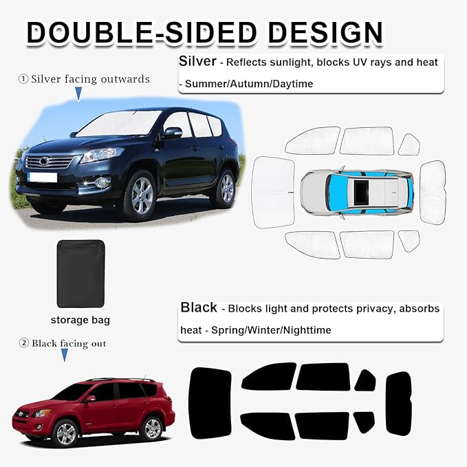 KMF Sun Shade Custom Fit for Toyota RAV4 2006-2012 Accessories, Full Car Window Covers Sunshade for Windshield Side Rear, UV Block and Blackout Privacy for Car Camping 8pcs