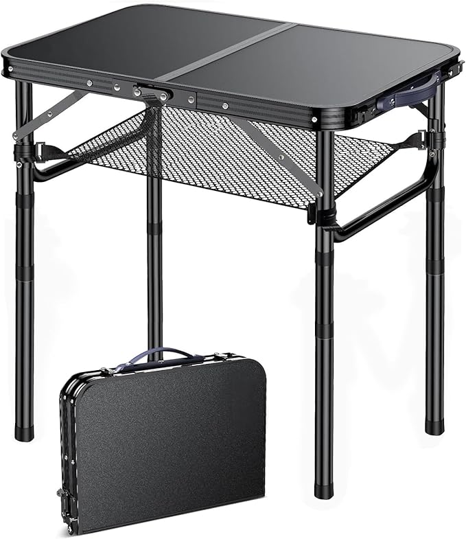 Yriuat Outdoor Side Table, Portable 3 Adjustable Height Small Outdoor Folding Table, Aluminum Foldable Patio Side Tables for Outside Indoor, Plant Stand Coffee End Table for Pool, Porch,Garden(Black)