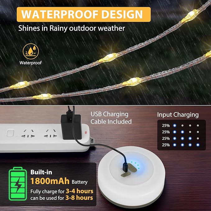 2Pack Camping String Lights, 4 in 1 Quick Storage Camping Essentials Gear 32.8FT Rechargeable Tent Lights with 6 Modes Hanging Waterproof LED Camp Lamp for Camping Hiking Patio Festival- Warm White