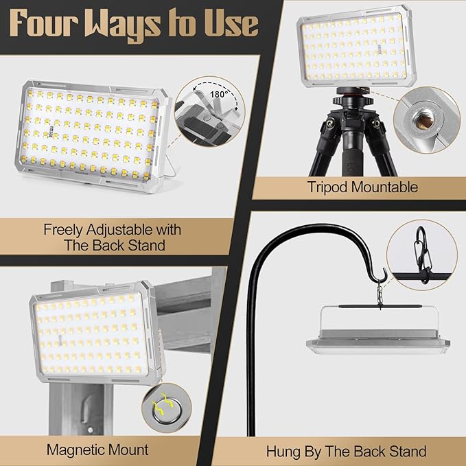 Solar Rechargeable Work Light with Power Bank & Battery Indicator, 178 LED Portable Flood Light with Magnetic Base, 4 Modes IP44 Waterproof Job Site Lamp for Camping, Fishing, Car Repair (Silver Body)