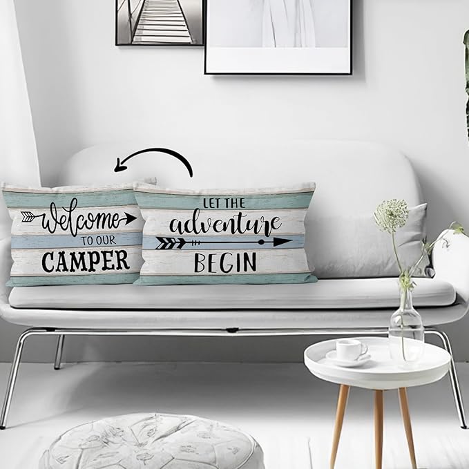 HIWX Let The Adventure Begin Welcome to Our Camper Decorative Pillowcase Throw Pillow Cover, Rustic Camper Camping Theme for Rv Sofa Bed Room Home Decor 12 x 20 Inch Reversible Pillow Case