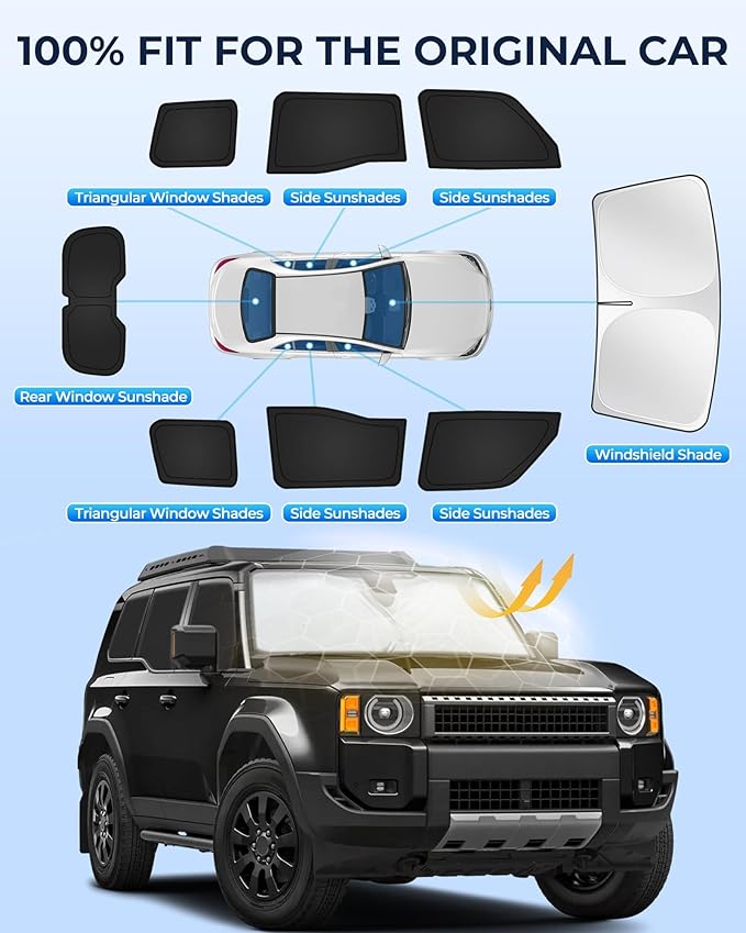 Car Window Shades for Toyota Land Cruiser Prado 250 2024-2025, 8pcs Full Coverage Window Covers Sunshades for Front, Side and Rear Windows, Privacy Window Shade Keep Vehicle Cool for Camping Napping