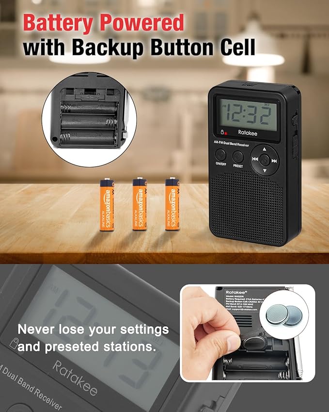AM/FM Radio, Battery Operated Portable Radio with Clock, Preset, Sleep Timer and Battery Backup for Yard Work, Walking, Camping, Jogging, Fishing, Handheld Size, 3 AA Battery Powered (Black)