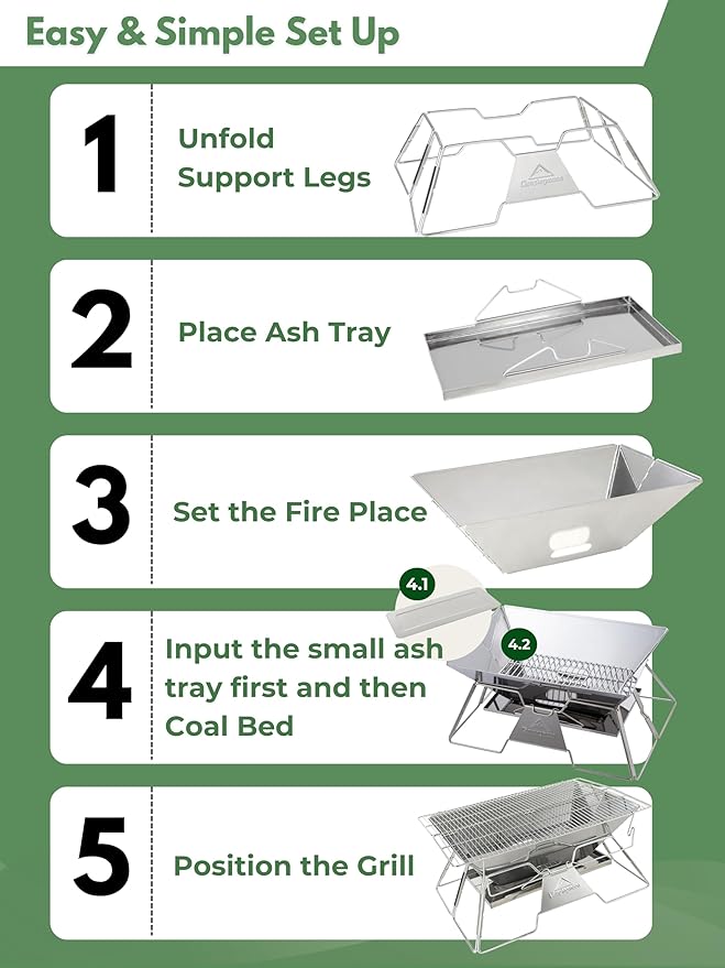 CAMPINGMOON Large Portable Campfire Fire Pit BBQ Grill Stainless Steel Foldable Collapsible Wood Burning Charcoal Grill for Heavy Duty Outdoor Cooking RV Camping, 20x13-inch, Carry Bag included MT-3