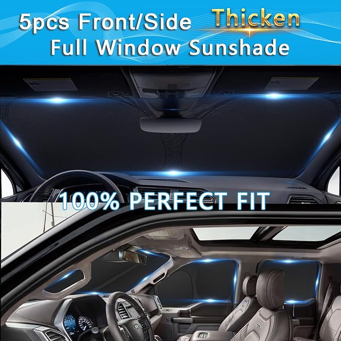 KMF 5pcs Thicken Sun Shades for Chevy Silverado 2500 3500 Accessories 2020-2025 2026, Chevrolet Car Window Covers Sunshade for Windshield Side Rear, UV Block and Blackout Privacy for Camping