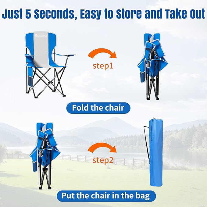 DIAMONDFORGE High Back Camping Chair for Adult, Portable Folding Camp Chair, Outdoor Camping Chair with Wide Cup Holder, Side Pocket for Hiking Fishing Sports (500LBS Oversized/300LBS Breathable Mesh)