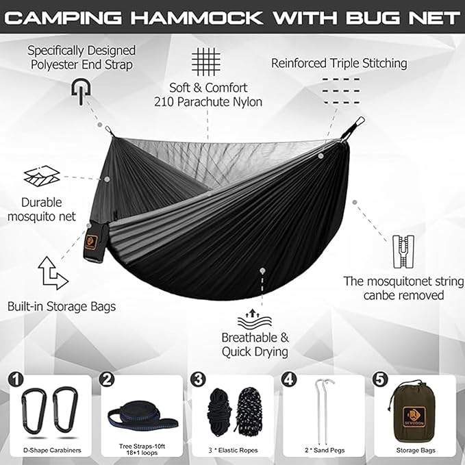 Camping Hammock with Mosquito Net,Lightweight 210T Nylon Hammocks,Portable Hammock with 10ft Tree Straps,Camping Gear Must Haves for Travel Hiking Backpacking Beach Patio-Black&Grey