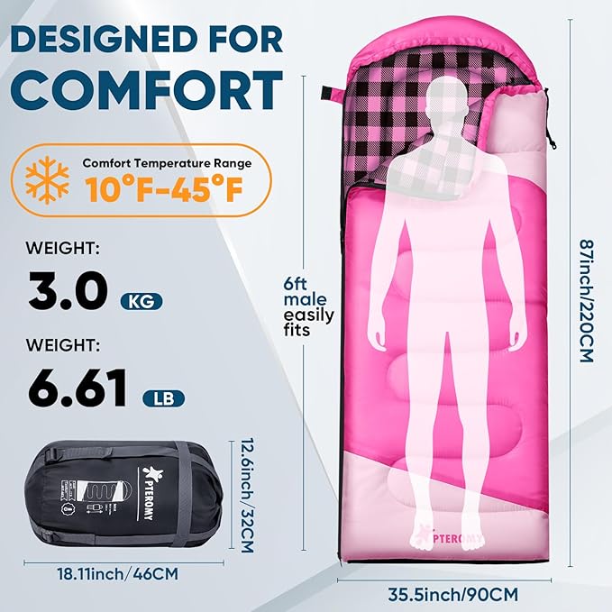 PTEROMY Sleeping Bags for Adults, Lightweight and Machine Washable, Water Resistant Backpacking Camping Sleeping Bag for Warm Cold Weather, Camping Essentials for Hiking Travel