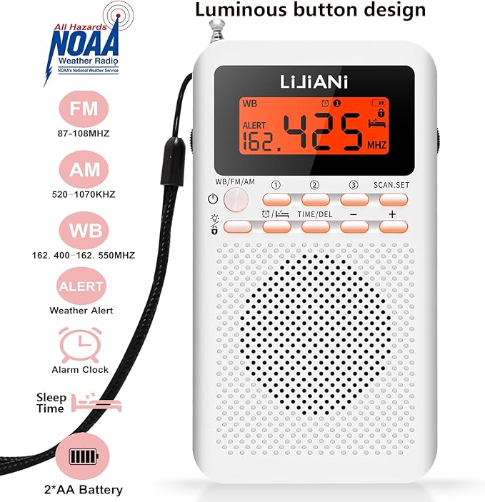 Pocket Weather Radio NOAA/AM/FM Powered by 2 AA Emergency Portable Transistor with LCD Display Digital Alarm Clock Sleep Timer, Best Reception Longest Lasting,Built in Speaker,Button Backlight Design