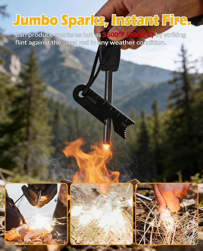 Fire Starter Kit 5 in 1 Survival Gear, Flint and Steel Fire Starter Kit with Ferro Rod, Emergency Whistle, Credit Card Multitool, Compass & Waterproof Tinder for Outdoor, Camping, Hiking, Gift for Men