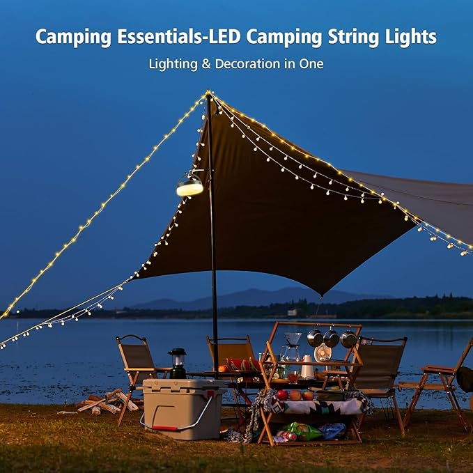 Solar Camping String Lights 130LEDs,33 FT Fairy Lights with 13 Lighting,Portable Waterproof 4 in1 Camping Lantern,Retractable Twinkle Lights for Outdoor Camping Gear Essentials Accessories