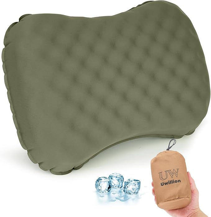 UWILLION Camping Pillow with Ice Silk Memory Foam Cover - Ultralight Inflatable Pillow for Camping Lightweight, Ergonomic and Washable for Camping, Hiking, and Travel Green