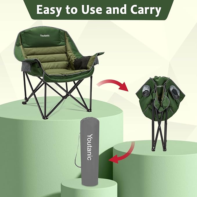 Youtanic Oversized Camping Chair, Portable Folding Camping Chairs with Side Pocket, Cup Holder and Carry Bag, Heavy Duty Outdoor Camping Chairs for Adults, Fishing, Sports, Trip, up to 400lbs, Style 2