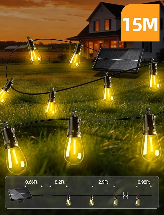 Solar Lights Outdoor Patio Lights: S14 15M 50FT Solar Powered 3 Light Modes Solar Waterproof Light - Shatterproof Bulbs - Camping Backyard Garden Deck Outside Yard