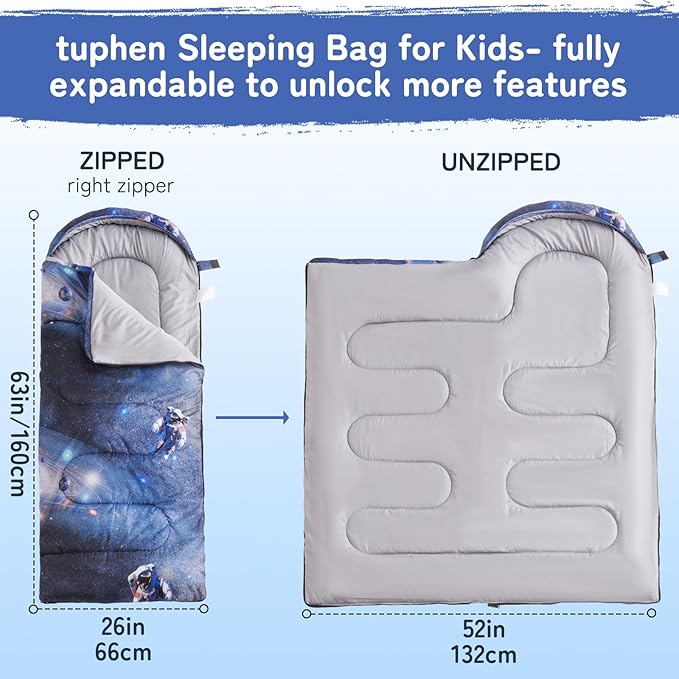 tuphen Kids Sleeping Bag - 50-77℉ 3-Season Waterproof Sleeping Bag for Boys & Girls, Lightweight 2.2 lbs Camping Gear with Compression Bag Ideal for Camping, Hiking, Indoor