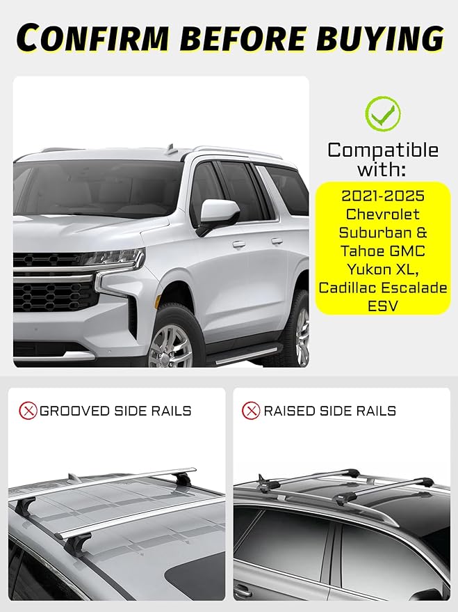 Roof Rack Cross Bars Compatible with 2021-2025 Suburban, Tahoe, GMC Yukon, Yukon XL, Cadillac Escalade ESV with Anti-Theft Lock, Black Matte Aluminum Anti-Corrosion Crossbars