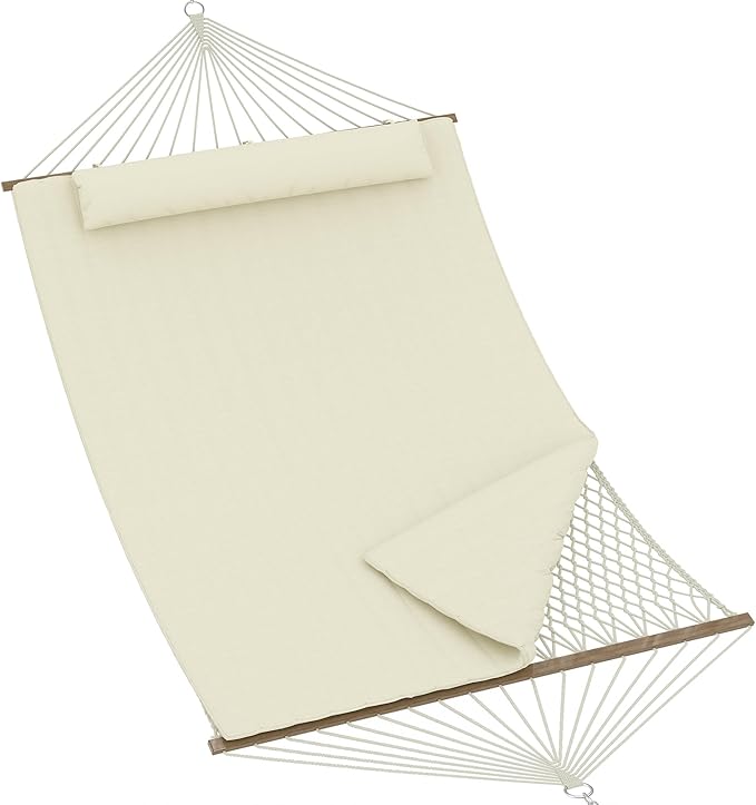 2 Person 12FT Hammocks for Outside, Double Quilted Fabric Outdoor Hammock with Spreader Bar, Large Removable Pillow, Storage Pockets, Carabiners, Max 450 Lbs Capacity
