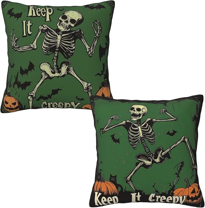 Halloween Keep It Creepy Skull Bat Throw Pillow Covers 18x18 inch Set of 2 Pillow Case Cushion Cover for Home Sofa Couch Living Room Car Decor