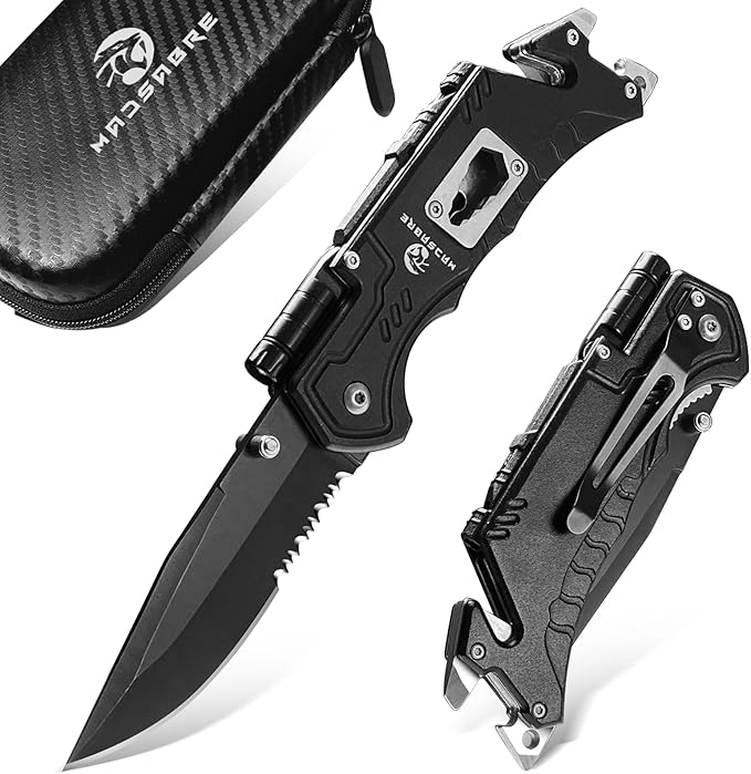 MADSABRE Multitool Pocket Knife with Clip and Case, 8-in-1 Folding Knives with Glass Breaker, Bottle Opener, Wrench, EDC Multitool Knife for Camping, Survival, Gifts for Men (Black)