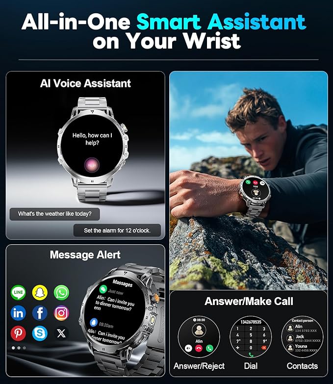 Military Smart Watch for Men, 1.85" HD Large Screen, Bluetooth Call/1000mAh/Flashlight/Heart Rate Sleep Monitor, 110+ Sports Modes Fitness Tracker Watch for Android iOS, Holiday, Silver Steel