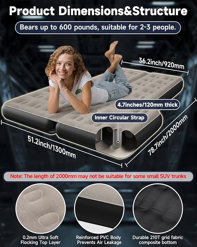 Umbrauto 78.7" Inflatable Air Mattress for Mid- and Full-Size SUV, Van Sleeping Airbed for Back Trunk with Back Seat Folded, Car Camping Travel Pad with Electric Pump, Pillows, Repair Patch Kit