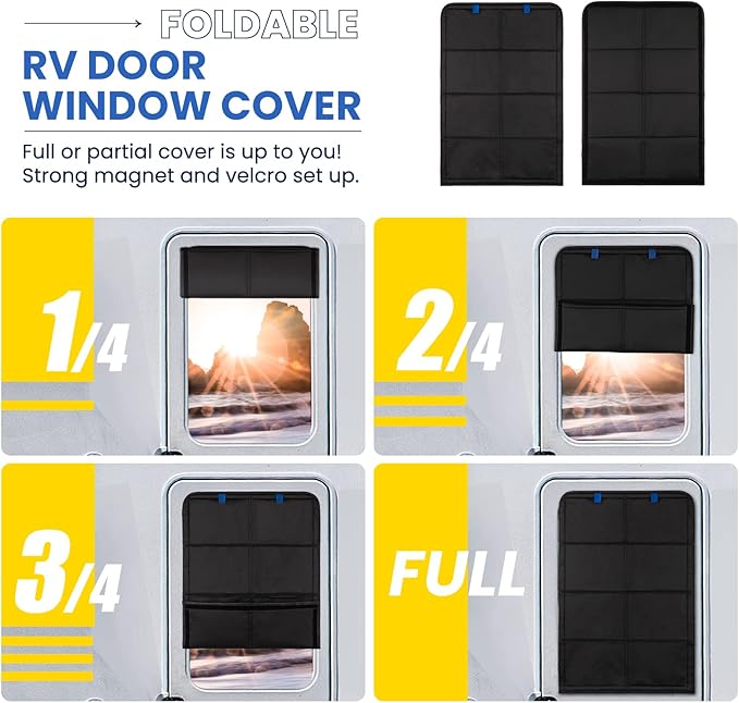 RV Door Window Shade, 27 x 18 Inch Foldable Magnet RV Blackout Window Cover, Winnebago Itasca Sunova Class A Rv Enter Door Window Cover, UV Rays Protection Waterproof Oxford (Black)