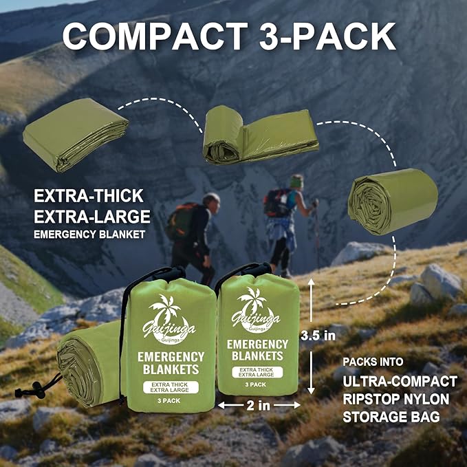 3-Pack Emergency Blanket, Extra-Thick Extra-Large Survival Blanket, Thermal Reflective Emergency Thermal Blanket for Outdoor Adventures, for Camping, Hiking, and Car Emergencies
