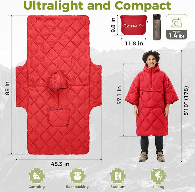 ATEPA Wearable Sleeping Bag, Recycled Water-Resistant Camping Blanket Poncho, Ultralight Packable Stadium Blanket for Outdoor