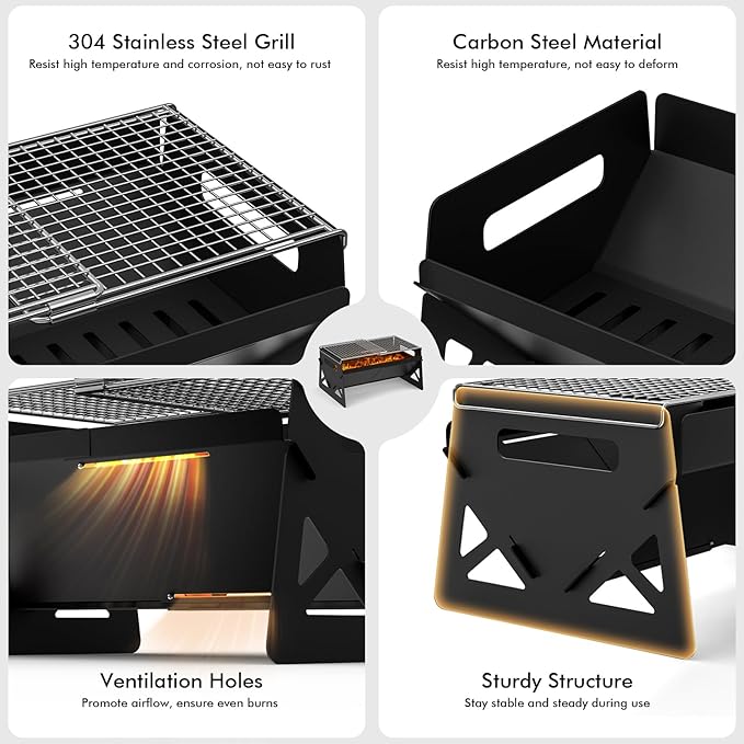 Raynesys Charcoal Grill, Folding Portable Grill, with Carry Bag, Camping Firepit for Outdoor Cooking, Campfire, Patio, Backyard, Backpacking, Party, 15.35 * 12.99 * 5.51 Inches