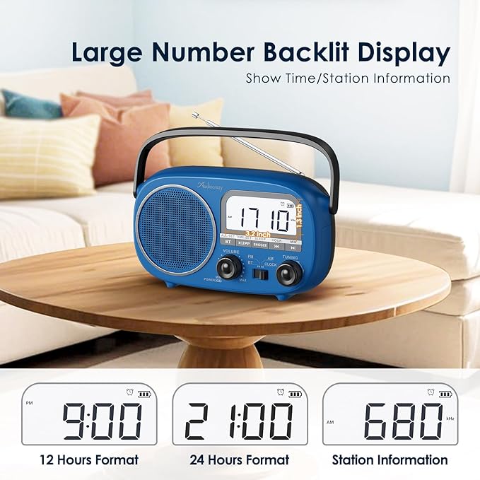 Portable AM FM Rechargeable Radio with Best Reception, Digital Time/Station Display,AC Power or Battery Power Radio with Bluetooth Speaker for Home/Kitchen/Outdoor (Cobalt Blue)