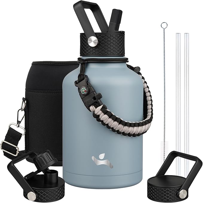 Konokyo Insulated Water Bottle with Straw,50 oz 3 Lids Water Jug with Carrying Bag,Paracord Handle,Double Wall Vacuum Stainless Steel Metal Flask,Storm Blue