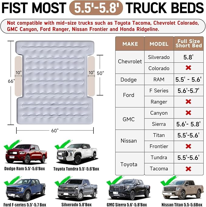 Umbrauto Truck Air Mattress for 5.5-5.8ft Full Size Short Bed, Self-Inflating Suede Surface Truck Camping Airbed for Pickup Tent Outdoor Travel Sleeping