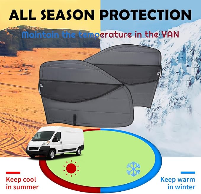 Magnetic Insulated Front Door Window Covers (Pair) with Bug Screen for 2014–2026 RAM ProMaster Vans, Blackout Privacy Sun Shades for Stealth Camping – Dark Gray