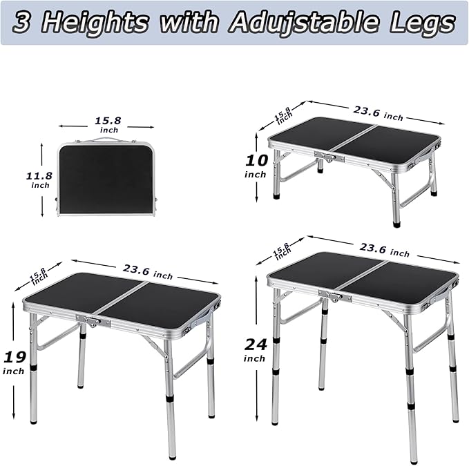 YihuiKo Folding Camping Table, Adjustable Height Folding Table, Portable Aluminum Small Folding Table with Carry Handle for Picnic, BBQ, Indoor, Office