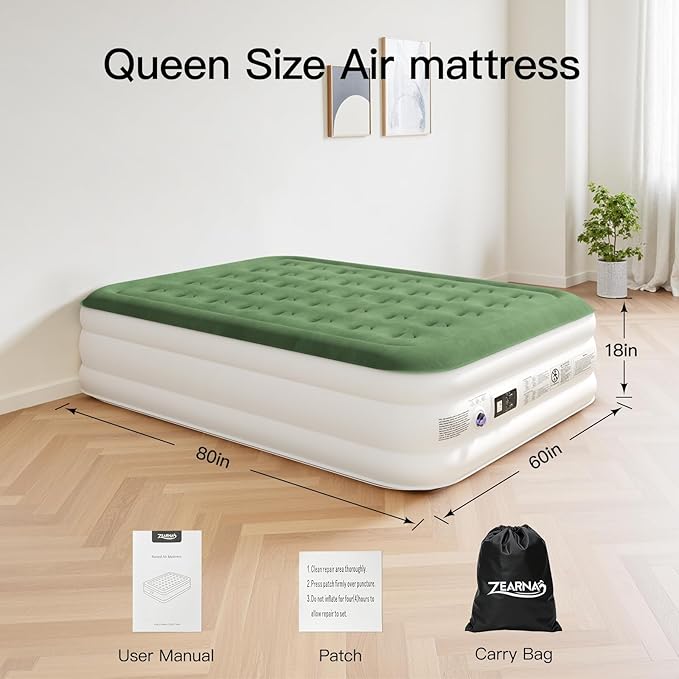 Zearna Air Mattress Queen with Built in Pump, Inflatable Mattress Blow Up Mattress 18 Raised Comfort,Upgraded Surface Portable Bed, Air Bed for Home, Guest, Camping, Colchone Inflable, 650 lbs