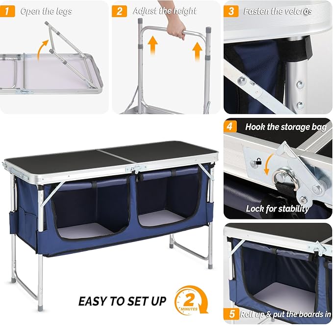 VINGLI 4 Ft Folding Table, Aluminum Camping Table, Picnic Table with Storage, Adjustable Height for Outdoor Beach BBQ Backyards Travel Party (Black ＆ Blue)