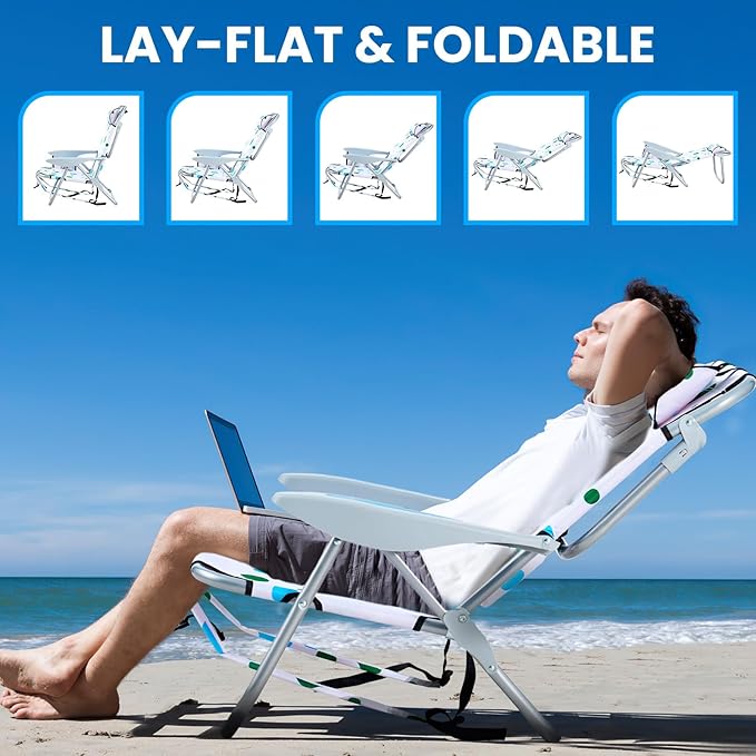Portable Beach Chair for Adults, Outdoor Camping Chair Lay Flat Folding Backpack Beach Reclining Chair with 5 Positions, Headrest, Cup Holder, Heavy Geometric Circle