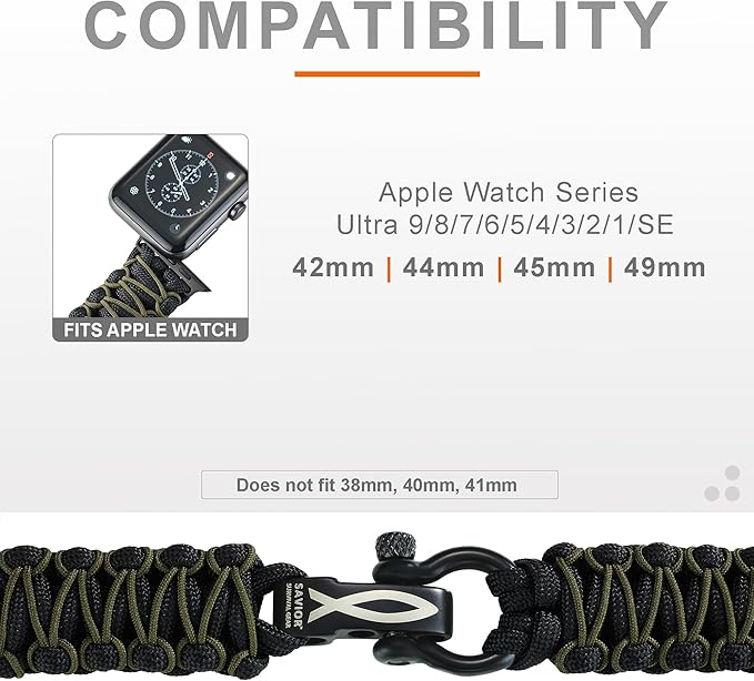 Savior Survival Gear Paracord Watch Band - Compatible with Apple Watch Band 49mm 46mm 45mm 44mm 42mm - iWatch Band Series Ultra 10 9 8 7 6 5 4 3 2 1 SE – Adjustable strap for men (Black-Green, Large)
