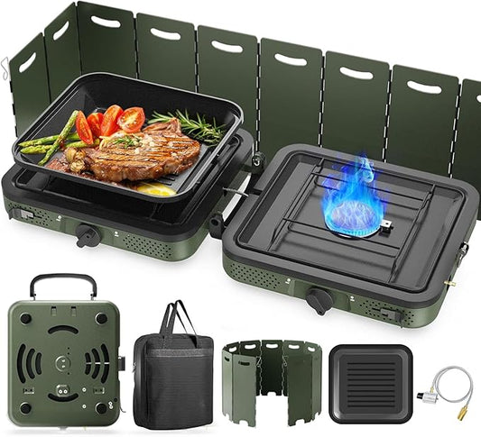Camping Stove, 2 Burner Propane Stove With Grill,17,000 BTU Camp Stove, Foldable Camping Stove Propane Includes Carry Bag,Windscreen & Grill,Adjustable Burners & Piezo Ignition for Tailgating,BBQ,Camp