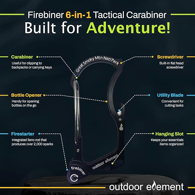 OUTDOOR ELEMENT Firebiner Custom Engraved 6-in-1 Fire Starter Carabiner Multitool – Survival Gear EDC Keychain with Utility Blade, Bottle Opener, Screwdriver, Emergency Tool