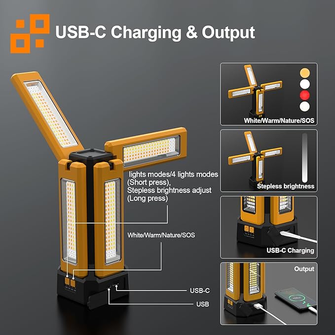 iodoo 13200mAh Rechargeable Solar Work Light, IPX4 Waterproof with Folding Stand Support and Portable Carrying Bag, 8000 Lumen Stepless Dimmable, 4 Lighting Modes, White/Warm/Warm White (Remote)