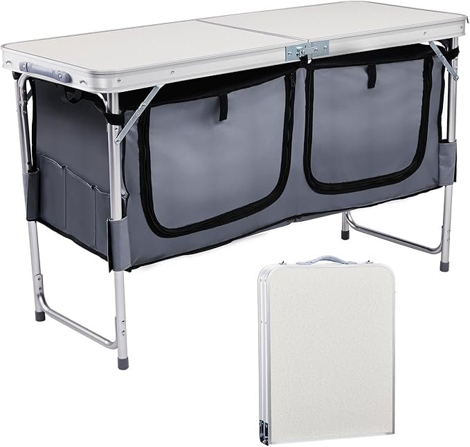 VINGLI 4 Ft Folding Table, Aluminum Camping Table, Picnic Table with Storage, Adjustable Height for Outdoor Beach BBQ Backyards Travel Party (White ＆ Grey)