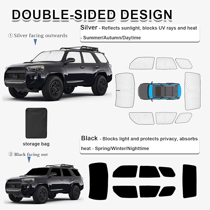 KMF 8pcs Thicken Car Window Shades for Toyota 4Runner 2010-2024 Accessories, 5th Gen 4Runner Windshield Sun Shade Full Window Covers for Side Rear, UV Block and Blackout Privacy for Car Camping