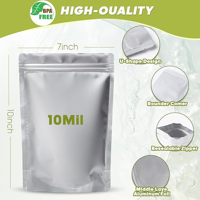 60pcs 1 Quart Mylar Bags for Food Storage - ExtraThick 10 Mil - Smell Proof Mylar bag 1 Quart - Stand-Up Zipper Pouches 7x10 Inch - Small Food Container Sets - Heat Sealable