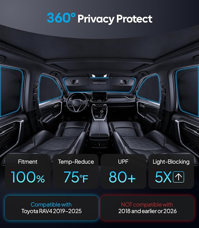Wigoo 2026 Upgrade 8PCS Full Set Window Sunshade for Toyota RAV4 2019-2025 [7-Layer Cooler & Blacker, Ice-Crystal Tech] with Windshield for Sun Block, Baby, Camping, Privacy Napping, Relax