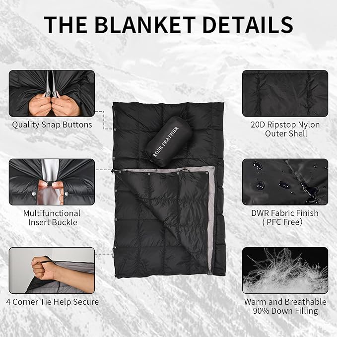 Down Camping Blanket - Lightweight, Packable, Warm & Puffy Outdoor Travel Quilt for Sleep, Hiking, Backpacking, Stadium, Festivals, Water-Resistant Sleeping Bag 55"x79"