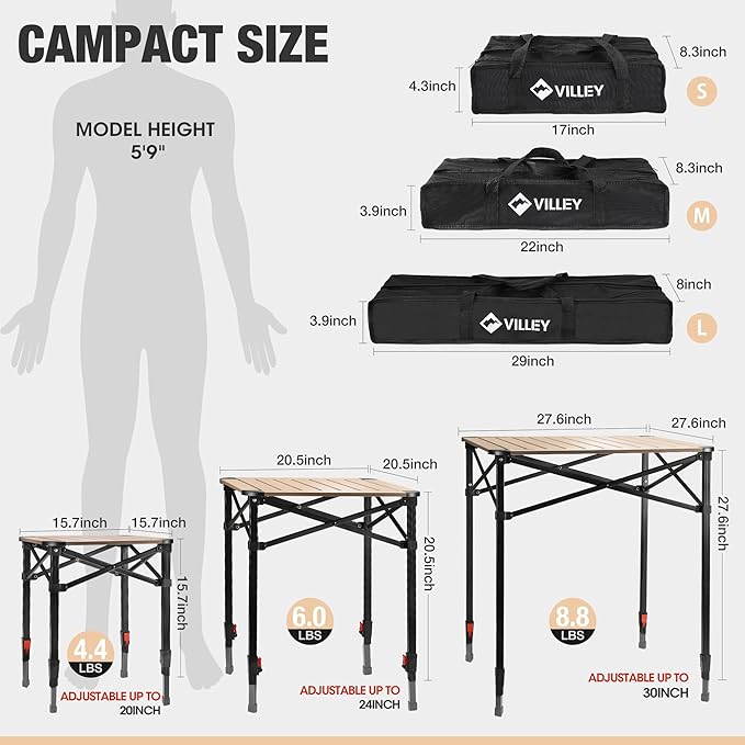 VILLEY Folding Camping Square Table with Carry Bag, Lightweight Aluminum Adjustable Square Table for Outdoor, Camping, Picnic, Backyards, BBQ, Small